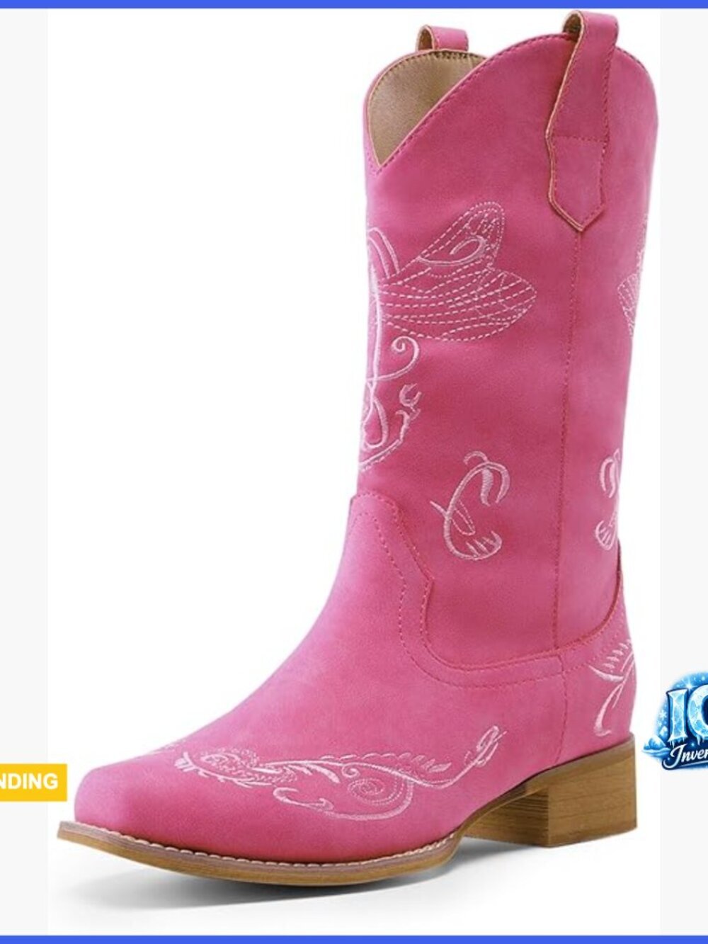 Square Toe Cowboy Boots Pull On Chunky Heel Embroidered Faux Leather